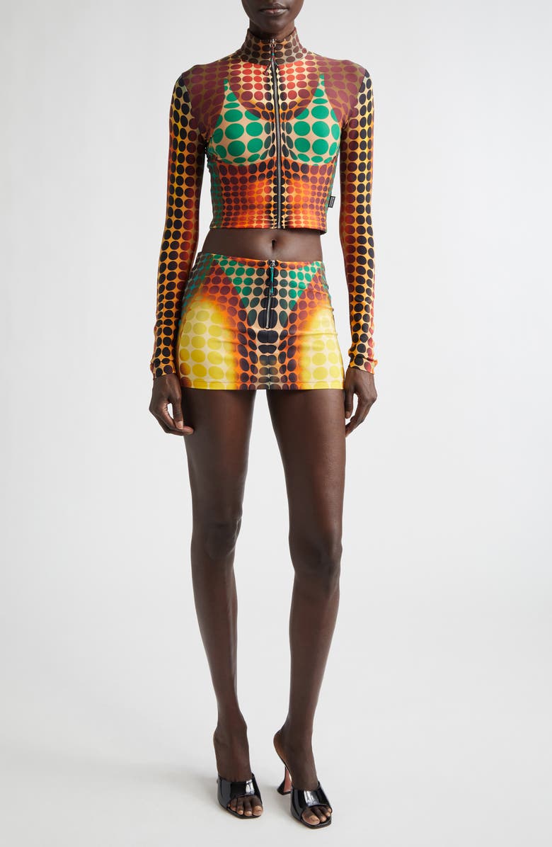 Jean Paul Gaultier Re-Edition Polka Dot Trompe l'Oeil Mesh Crop Top, Alternate, color, Orange/ Blue/ Brown