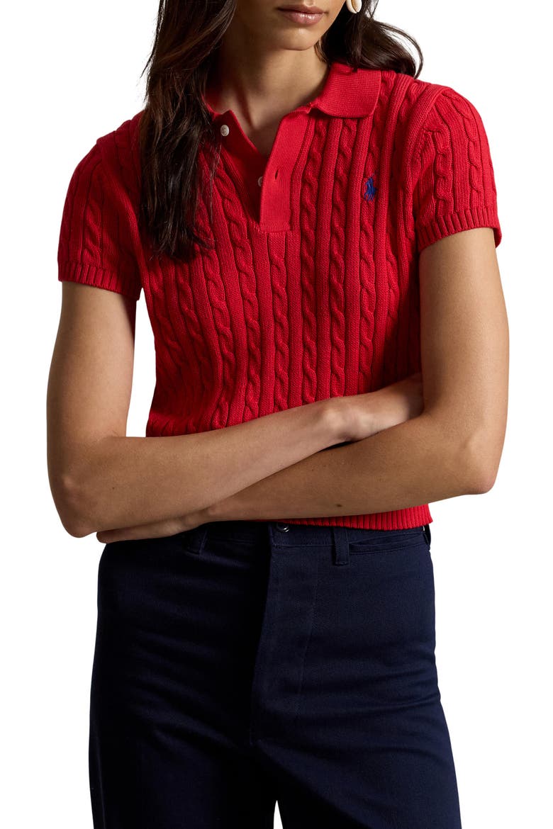 Crop Cable Knit Cotton Polo Sweater, Main, color, CRUISE RED