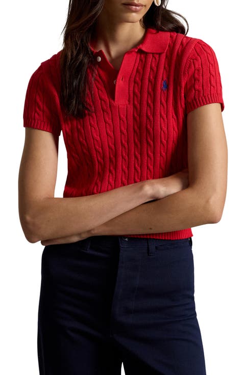 Crop Cable Knit Cotton Polo Sweater