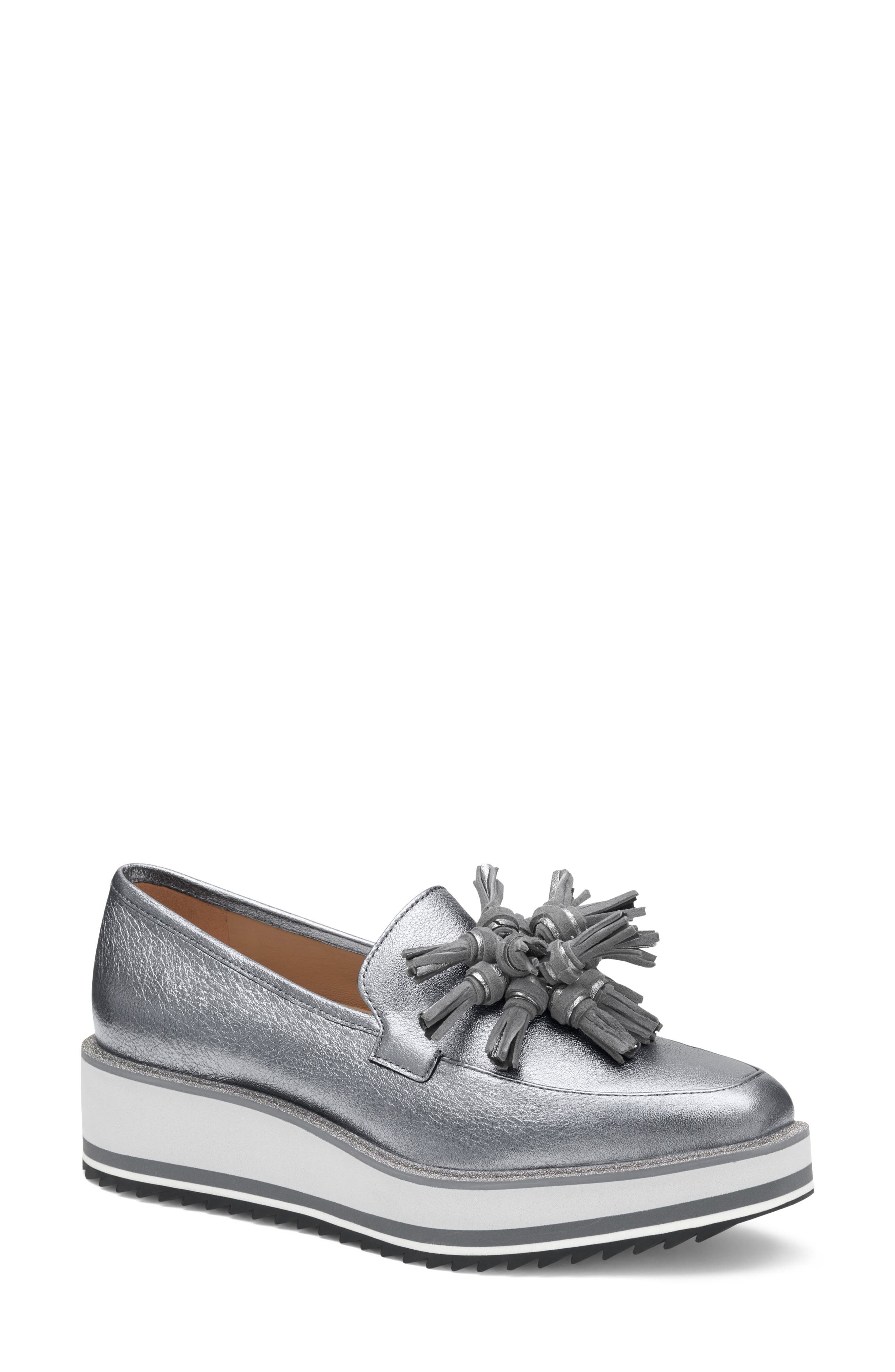 Johnston & Murphy Gracelyn Tassel Loafer, Main, color, Pewter Metallic Sheepskin