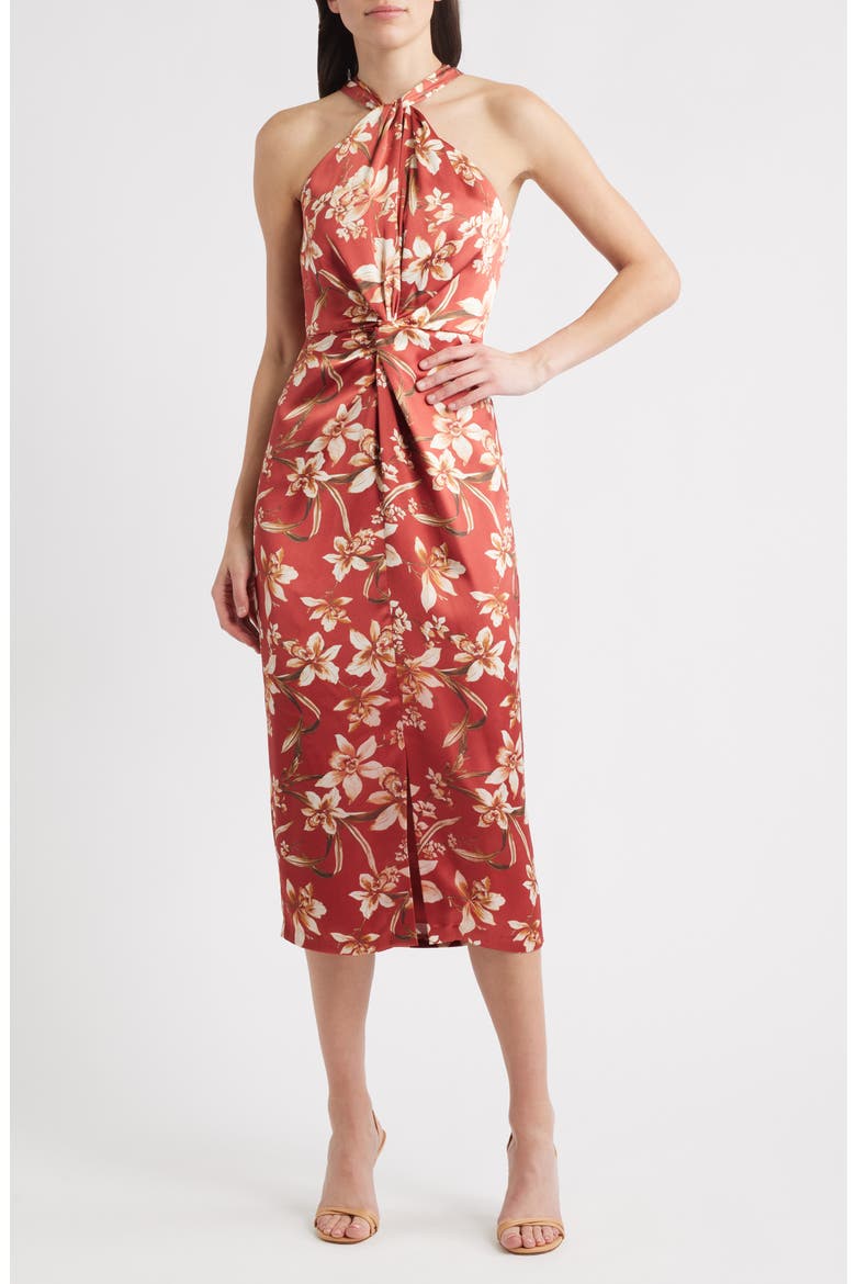Floral Center Twist Sheath Midi Dress, Main, color, RUST