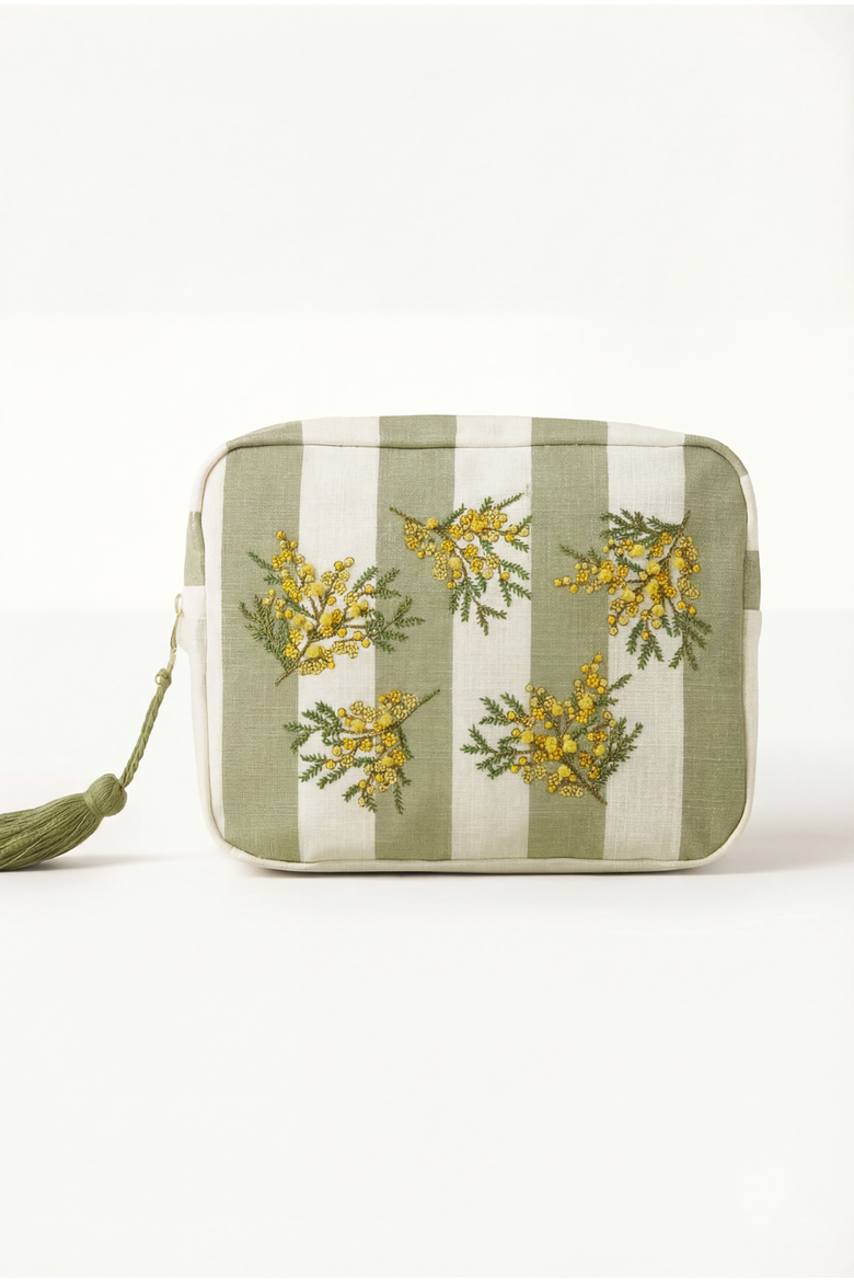 Mimosa Stripe Cotton Wash Bag, Main, color, Green