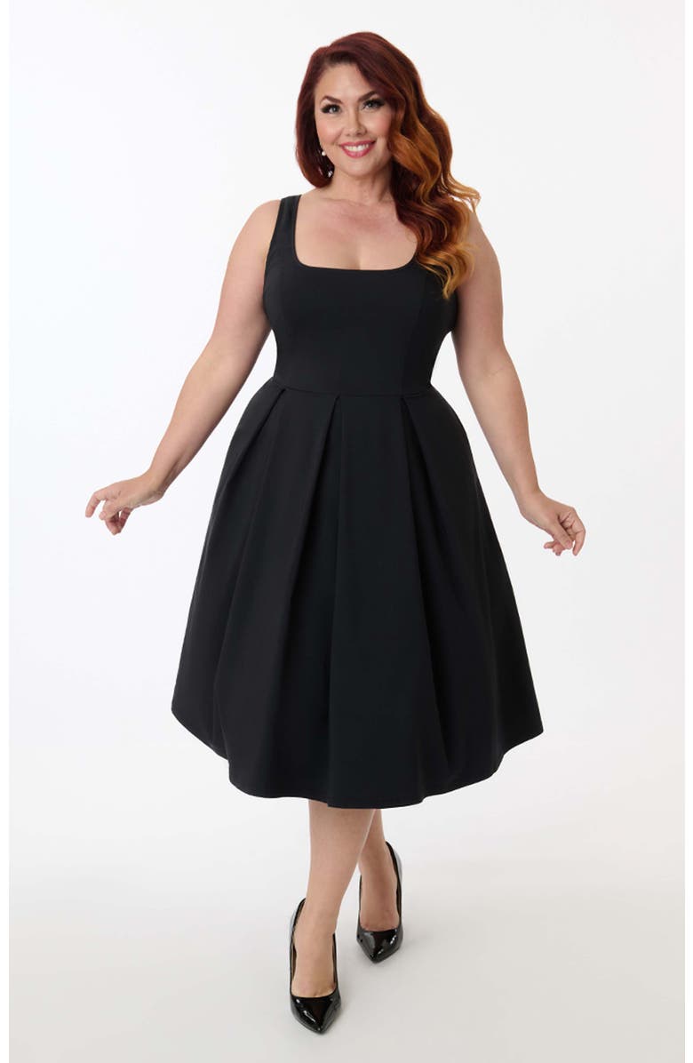 Unique Vintage Plus Size Square Neck Pleated Swing Dress, Main, color, Black