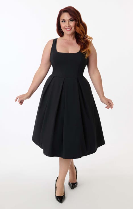 Plus Size Square Neck Pleated Swing Dress