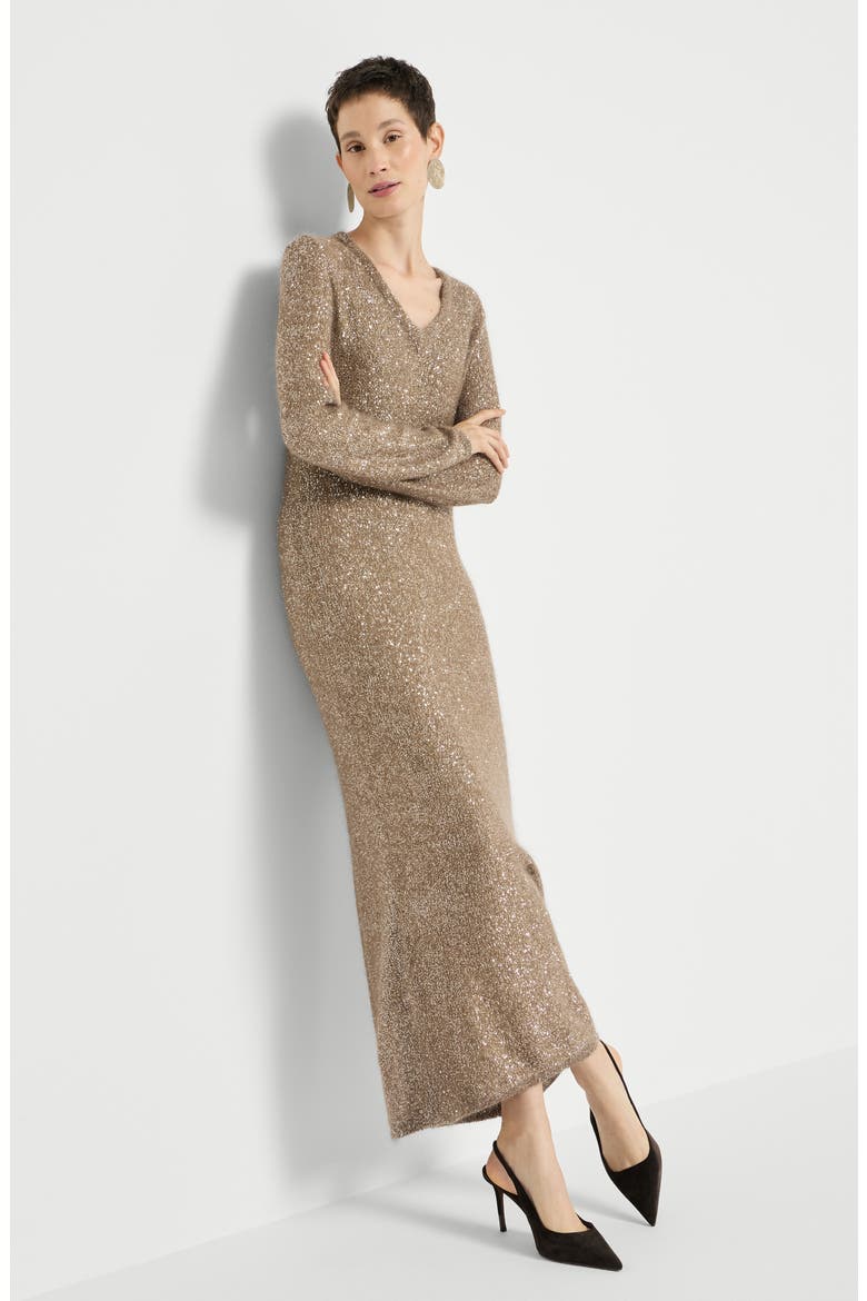 Mohair and wool dazzling texture knit dress with monili, Alternate, color, Light Brown