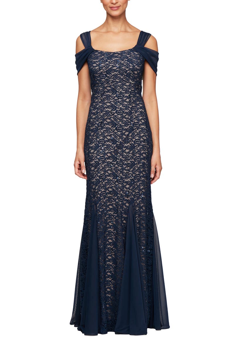 Cold Shoulder Fit & Flare Evening Gown, Alternate, color, NAVY/NUDE