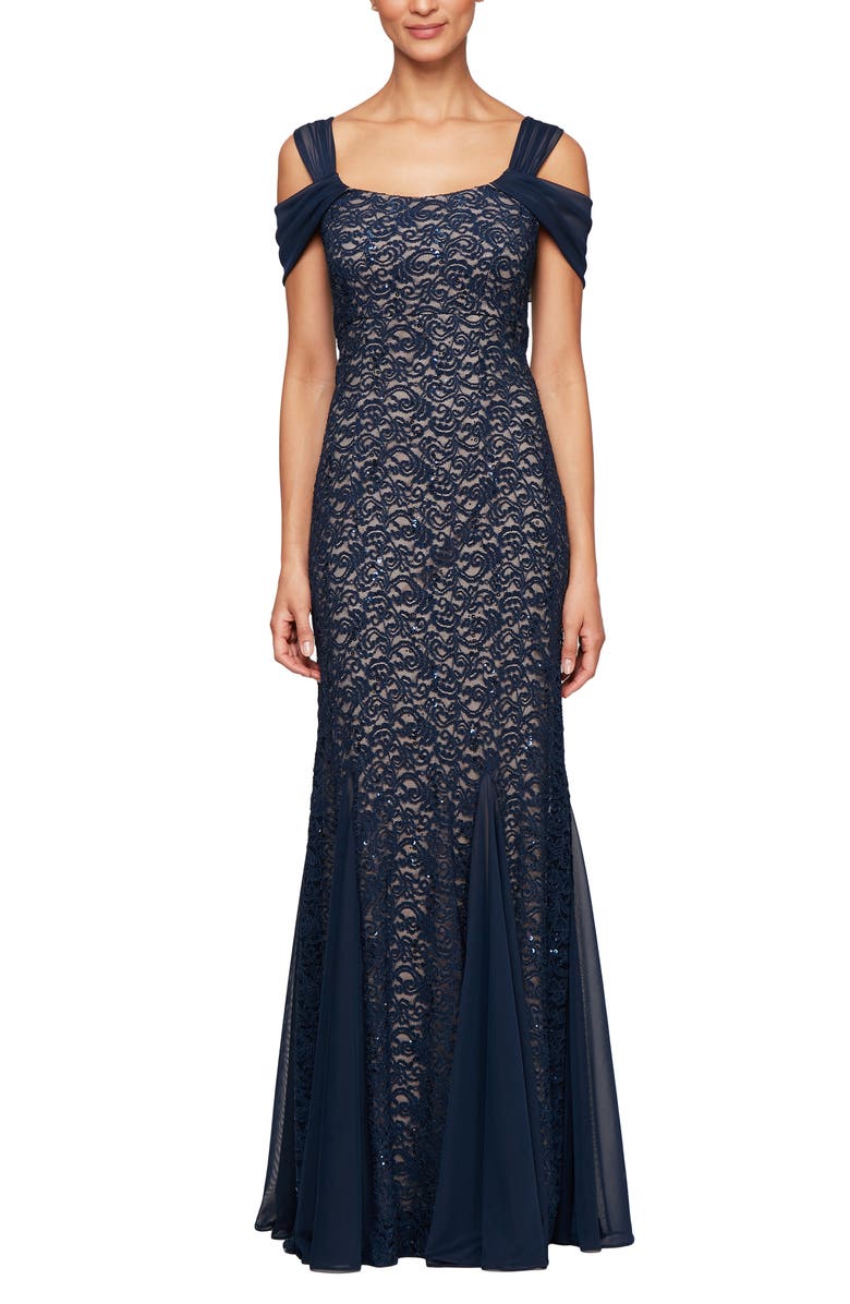 Alex Evenings Cold Shoulder Fit & Flare Evening Gown, Alternate, color, 