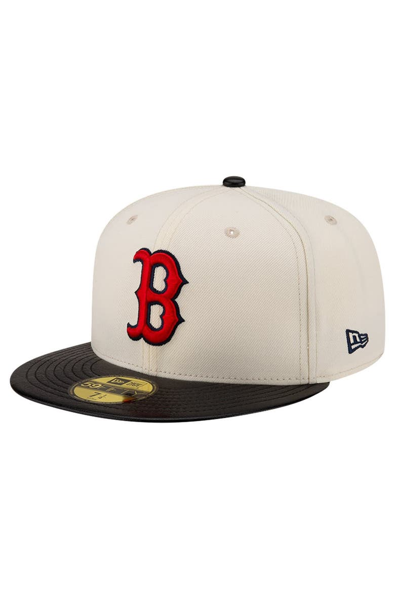 New Era Men's New Era Cream Boston Red Sox Game Night Leather Visor 59FIFTY Fitted Hat, Main, color,