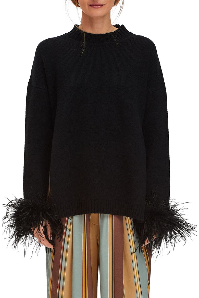 Agatha Feather Trim Wool & Cashmere Pajama Sweater, Main, color, BLACK