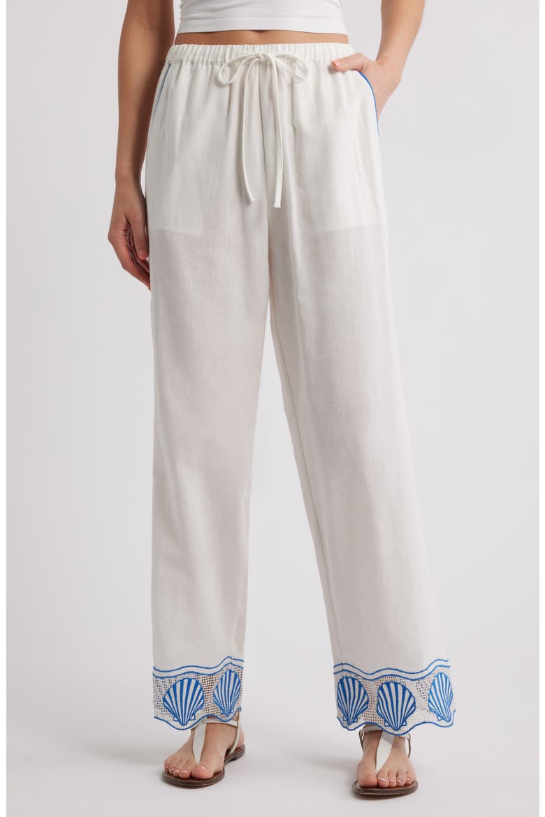 Tildi Shell Embroidered Cotton & Linen Pants, Main, color, WHITE