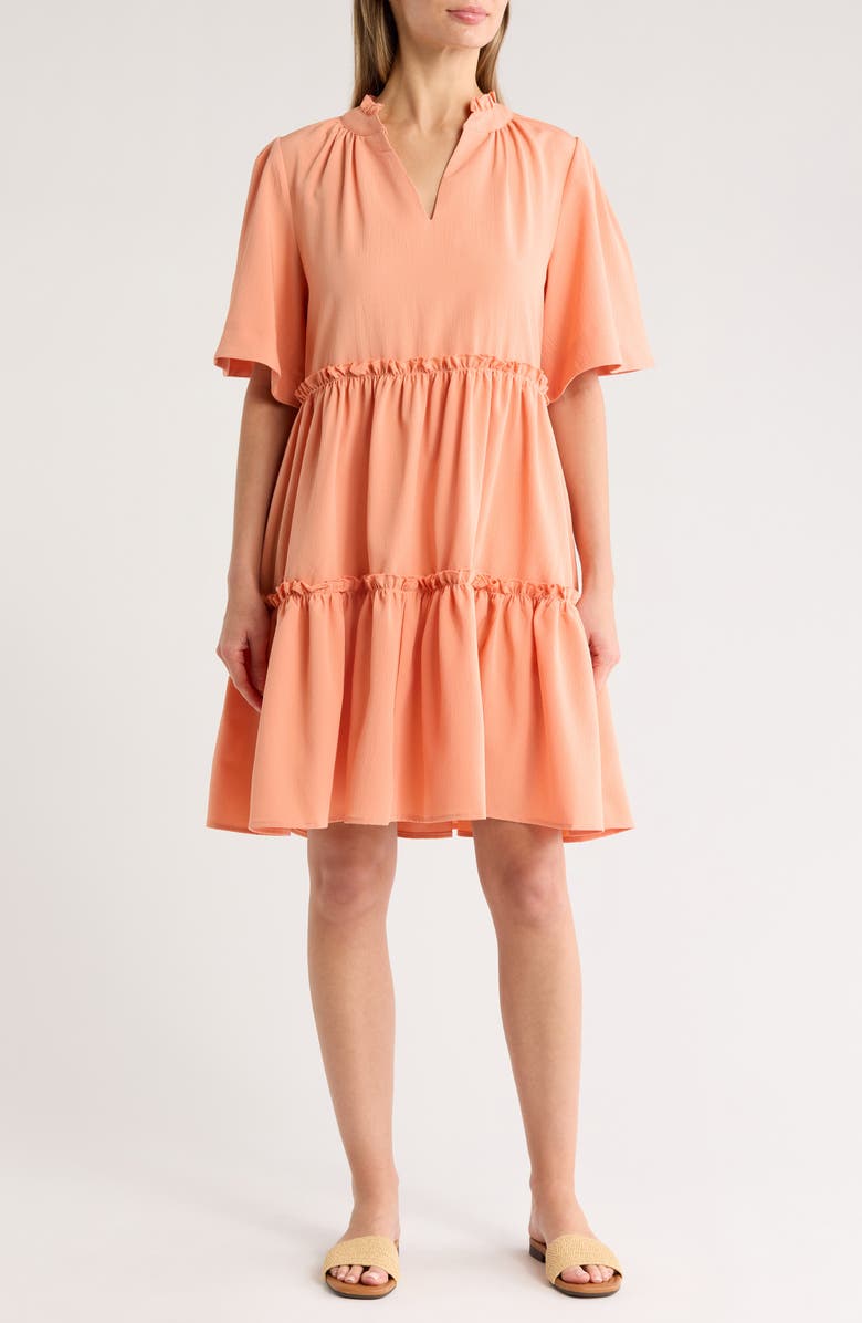 AREA STARS Pria Split Neck Tiered Trapeze Dress, Main, color, Coral