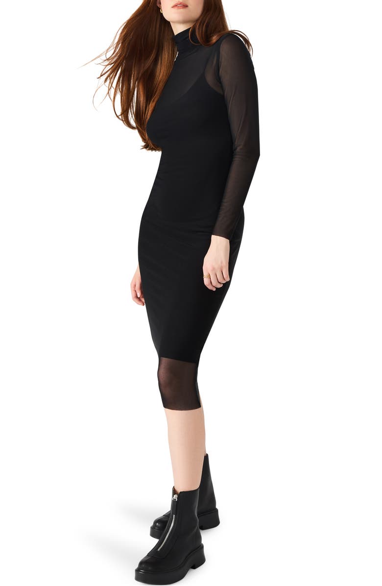 Steve Madden Hailee Long Sleeve Mesh Body-Con Dress, Alternate, color, Black