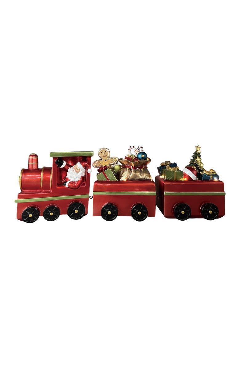 Transpac Resin LED Train with Santa Set of 3 Decorative Sculptures, Main, color, Red