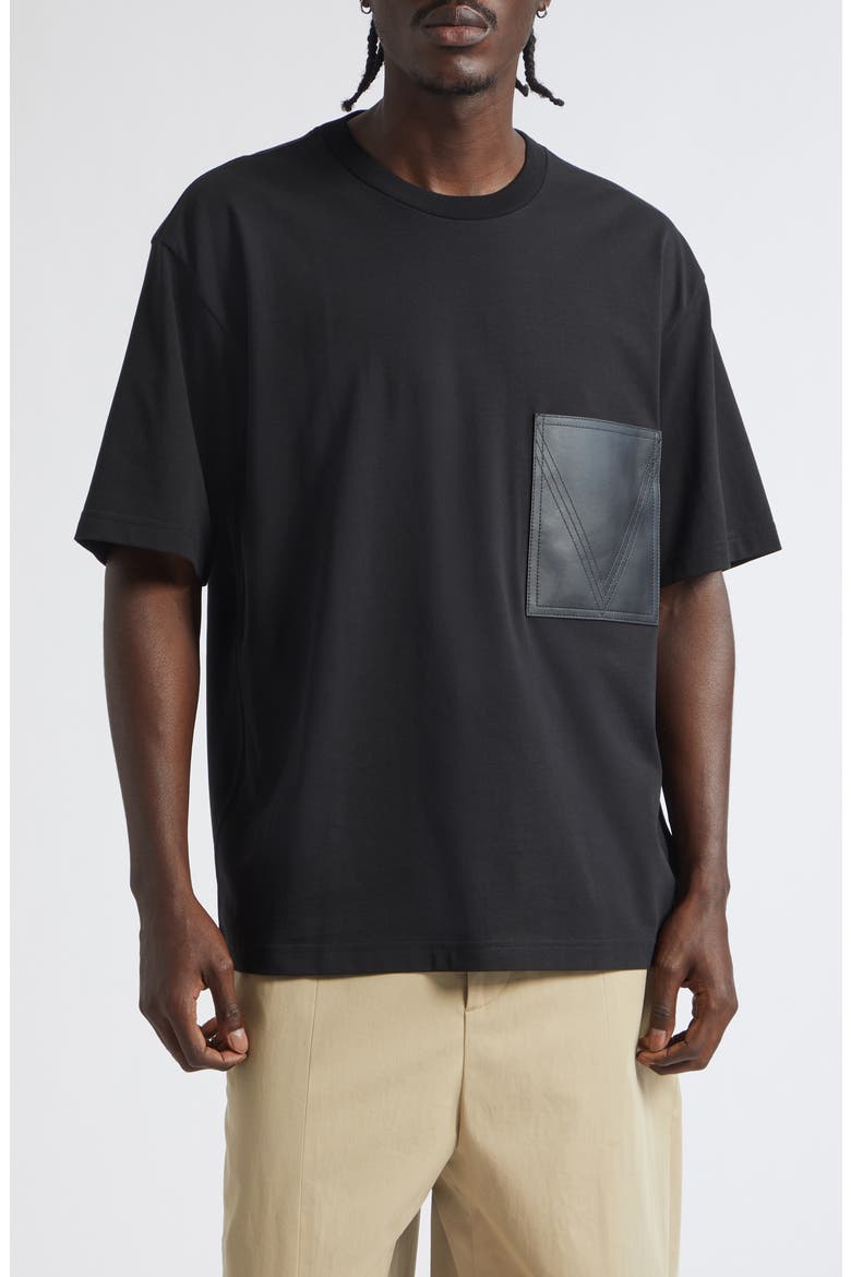 Cotton Pocket T-Shirt with Lambskin Leather Patch Pocket, Main, color, 1010 DOUBLE BLACK