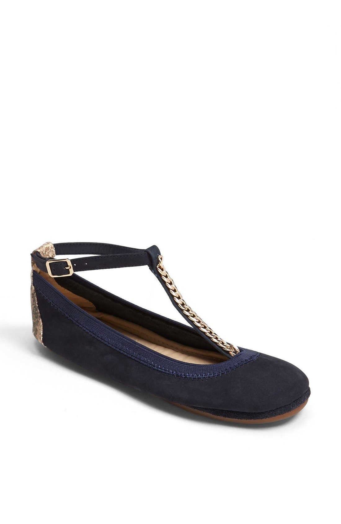 'Chain' T-Strap Foldable Flat, Main, color, MIDNIGHT/ GOLD SERPENT