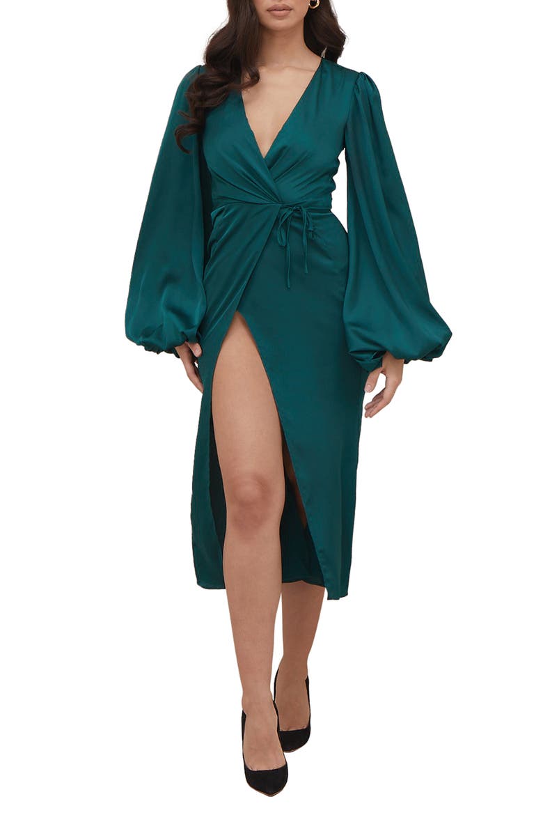 Shiloh Long Sleeve Satin Wrap Dress, Main, color, EMERALD GREEN