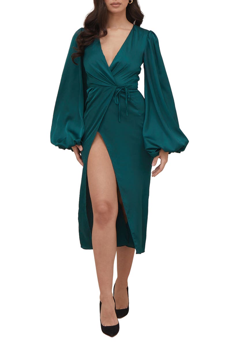 HOUSE OF CB Shiloh Long Sleeve Satin Wrap Dress, Main, color,