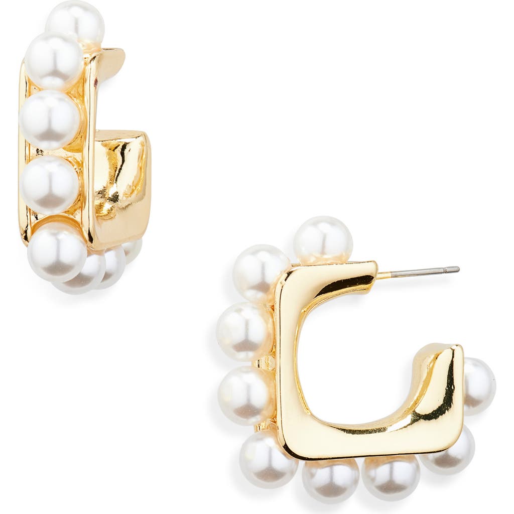 Cara Faux Pearl Square Huggie Hoop Earrings In Pearl/gold