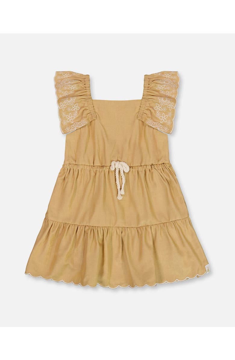 Deux par Deux Baby Girl's Chambray Dress With Embroidery Golden Beige, Main, color,