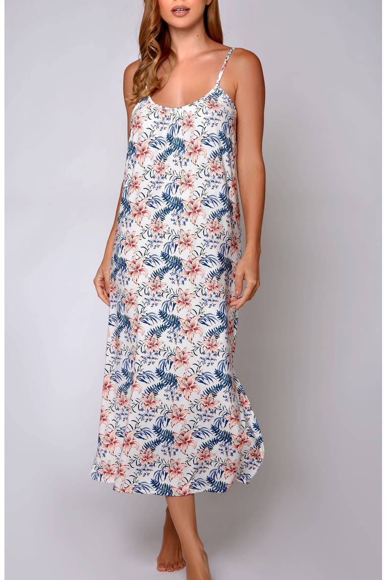 Tropical Floral Printed Long Nightgown, Main, color, Cream