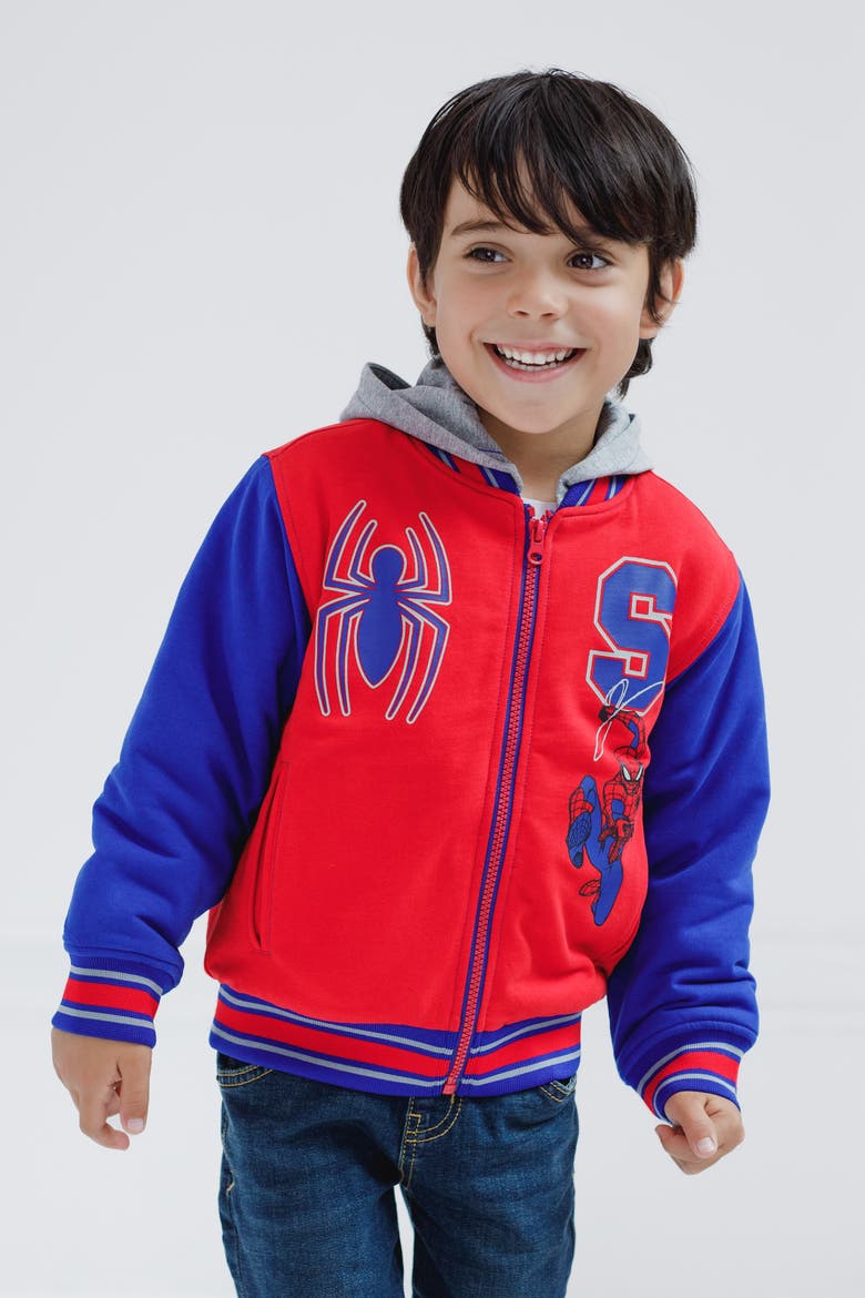 Spider-Man Varsity Hooded Bomber Jacket, Alternate, color, Red Blue Spiderman