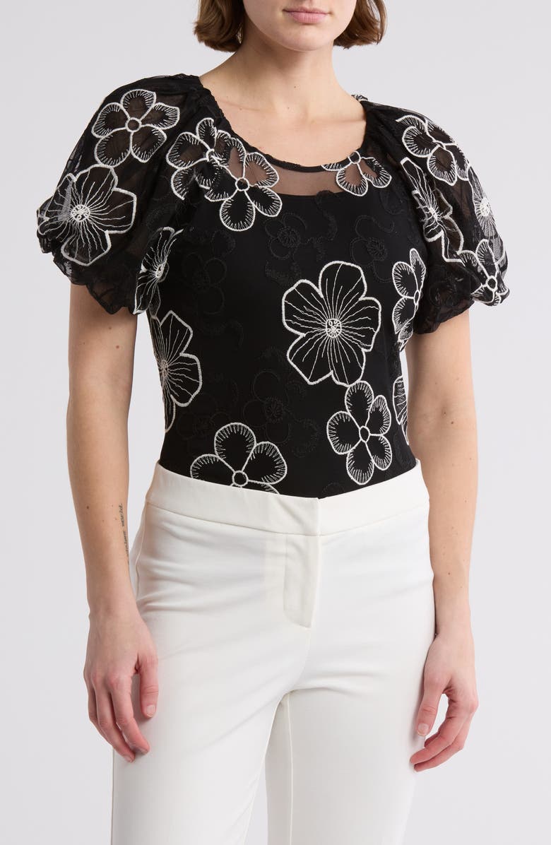Laundry by Shelli Segal Puff Sleeve Embroidered Mesh Top, Main, color,