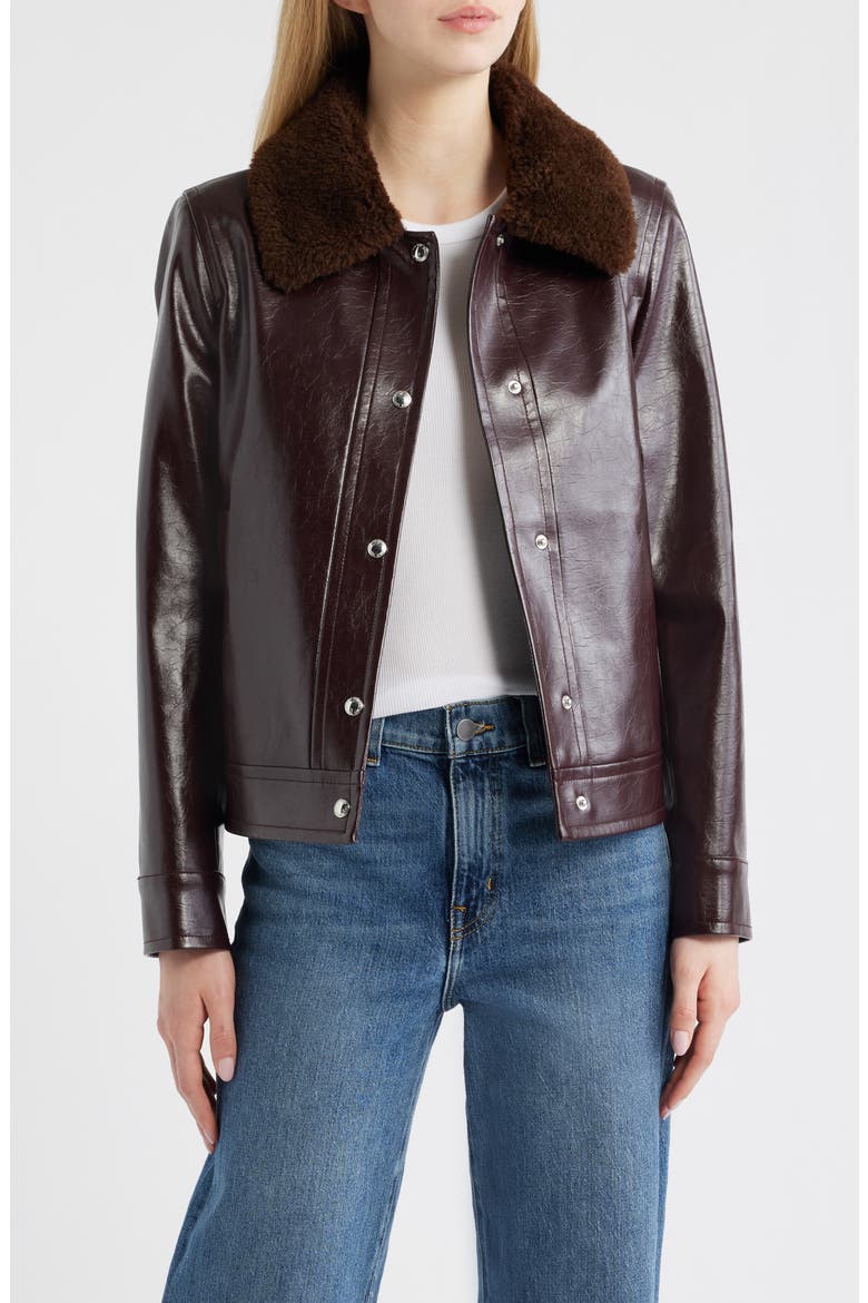Slim Fit Faux Leather Jacket With Faux Fur Collar, Main, color, BURGUNDY