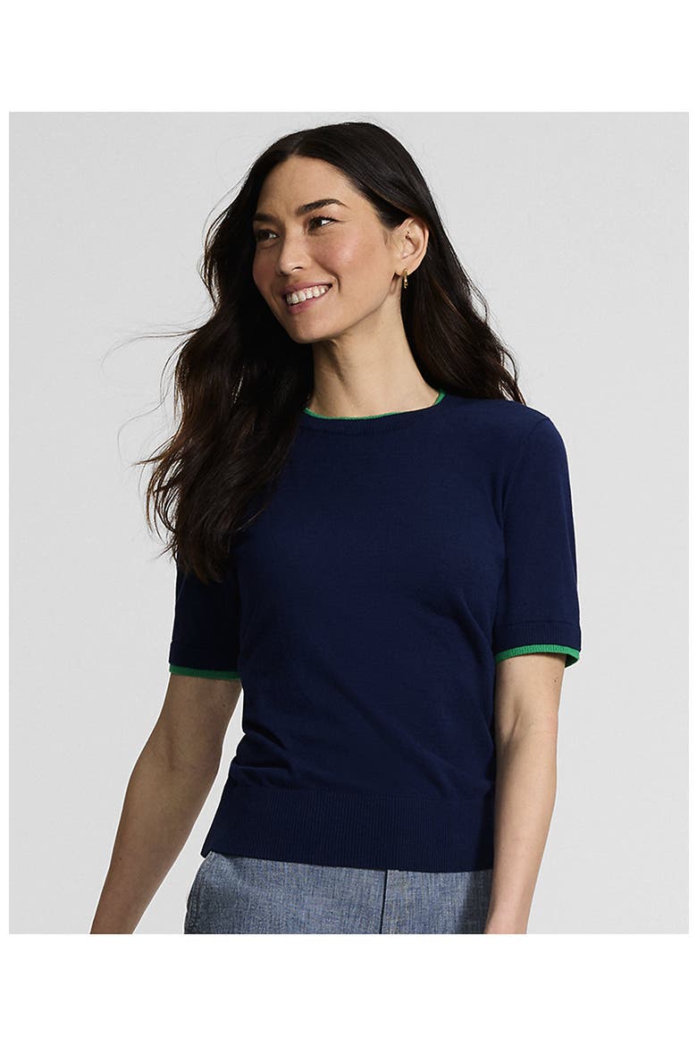 Double Trim Cotton Crew Neck Tee Sweater, Alternate, color, Deep Sea Navy/Clover
