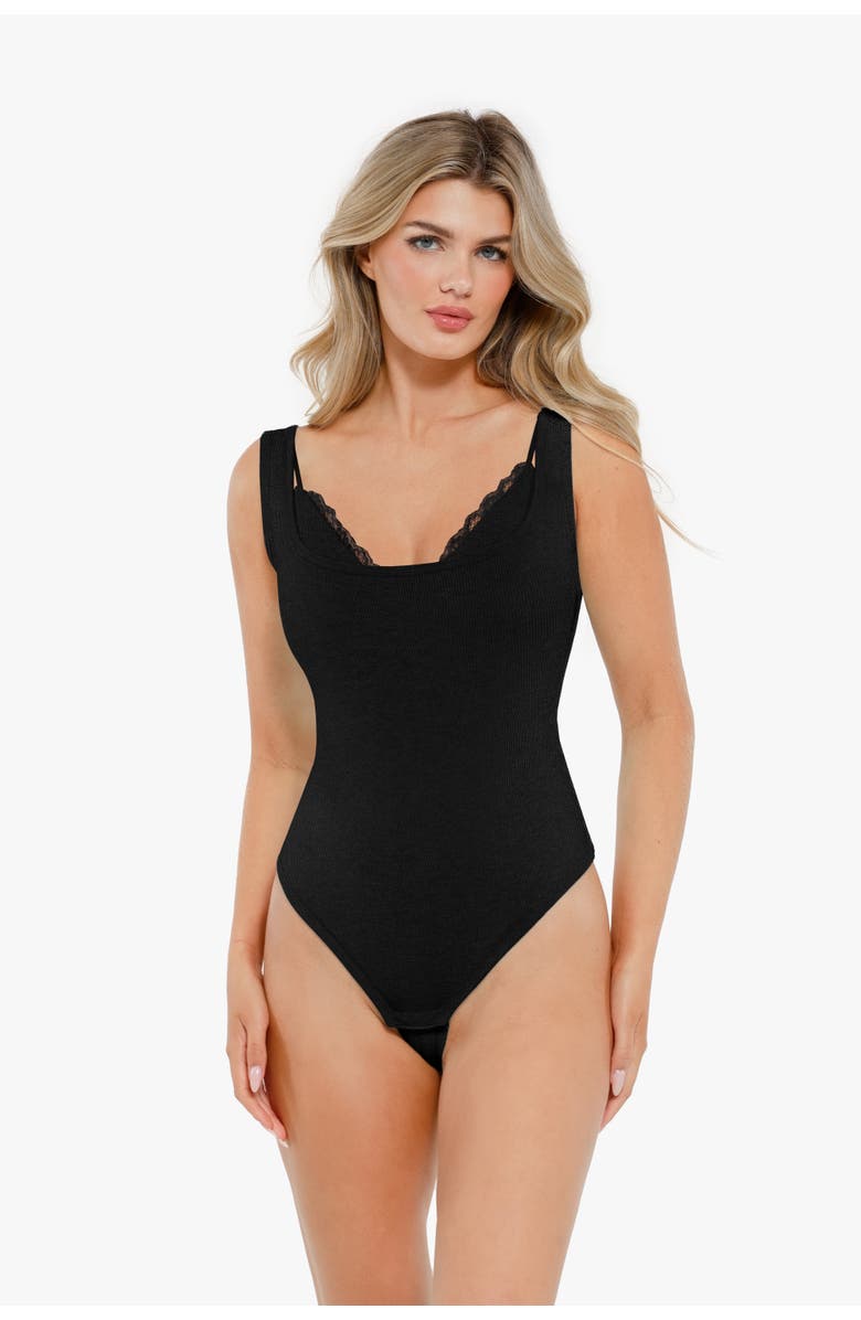 Popilush Shapewear Modal Tummy Control Inner Lace Cami Bodysuit, Alternate, color, Midnight Black