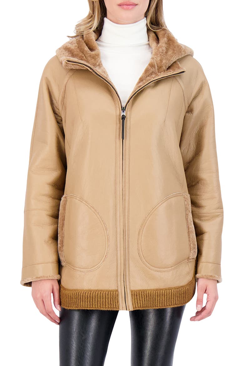 Reversible Textured Genuine Shearling Lamb Zip Parka with Ribbed Hem, Alternate, color, LATTE/LATTE
