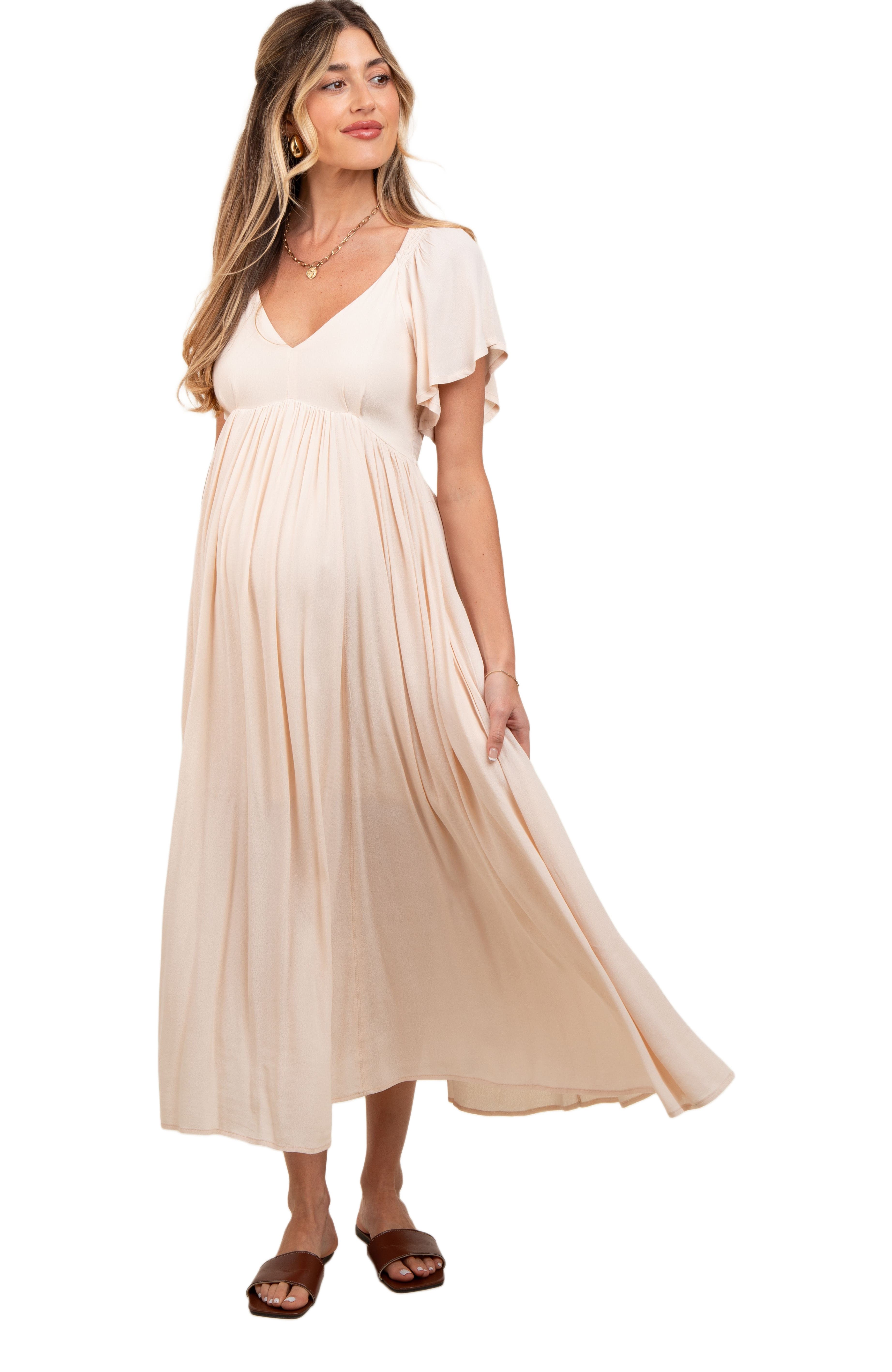V-Neck Flutter Short Sleeve Midi Dress