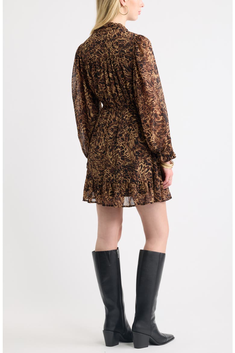 Tie Neck Long Sleeve Minidress, Alternate, color, TAN- BLACK LEOPARD ABSTRACT