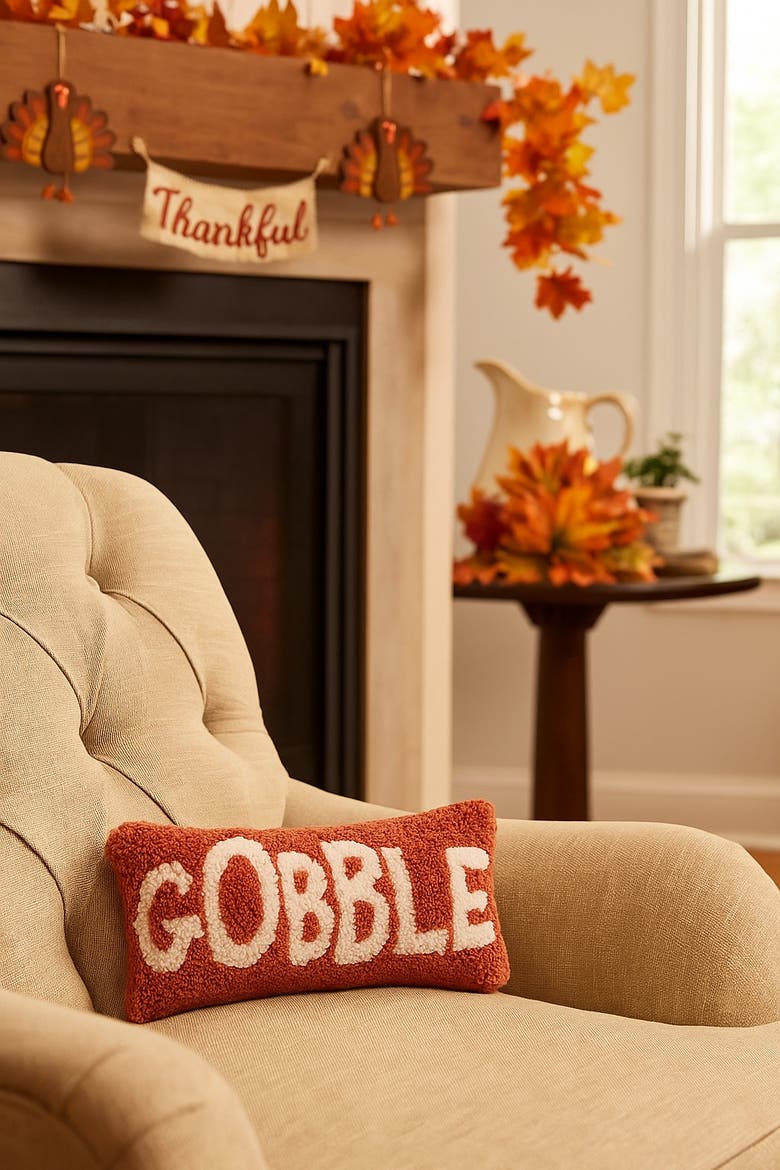 "Gobble" Thanksgiving Mini Hooked Lumbar Accent Pillow 6" x 12", Alternate, color, Orange