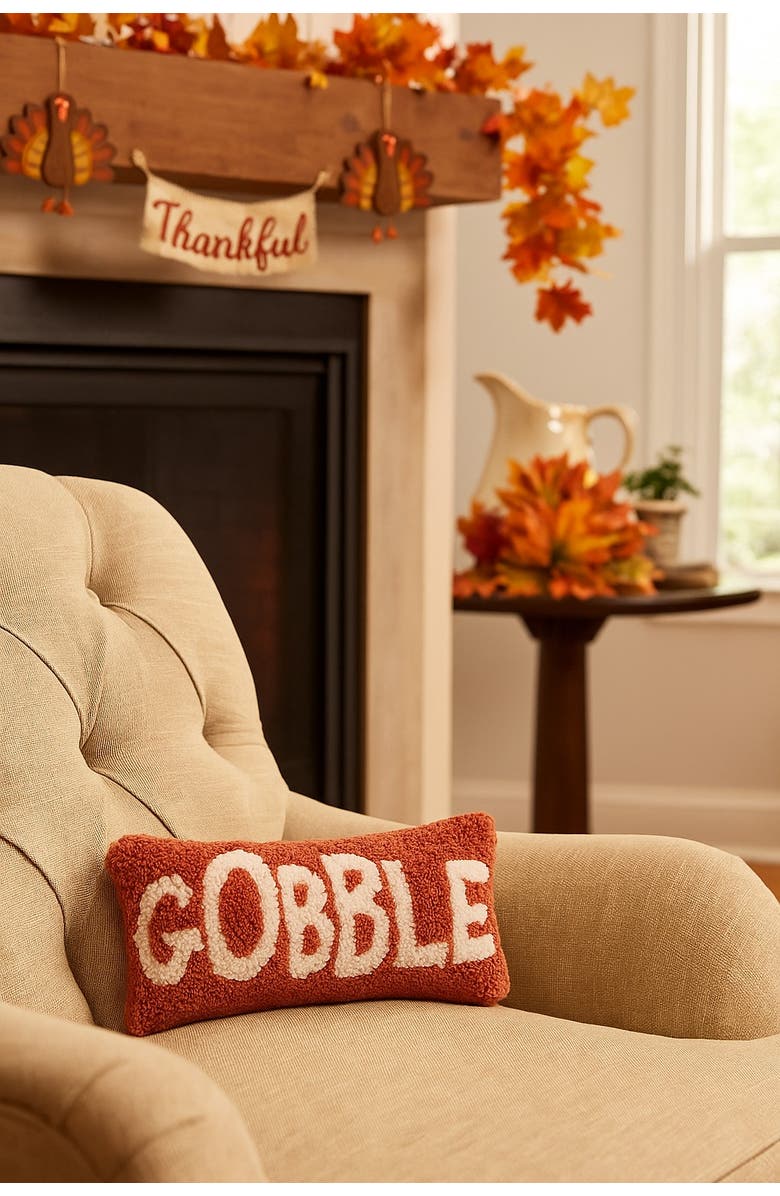 C&F Home Gobble Script Rectangle Small Small/Petite Hooked Accent Pillow, 6" x 12", Alternate, color, Orange