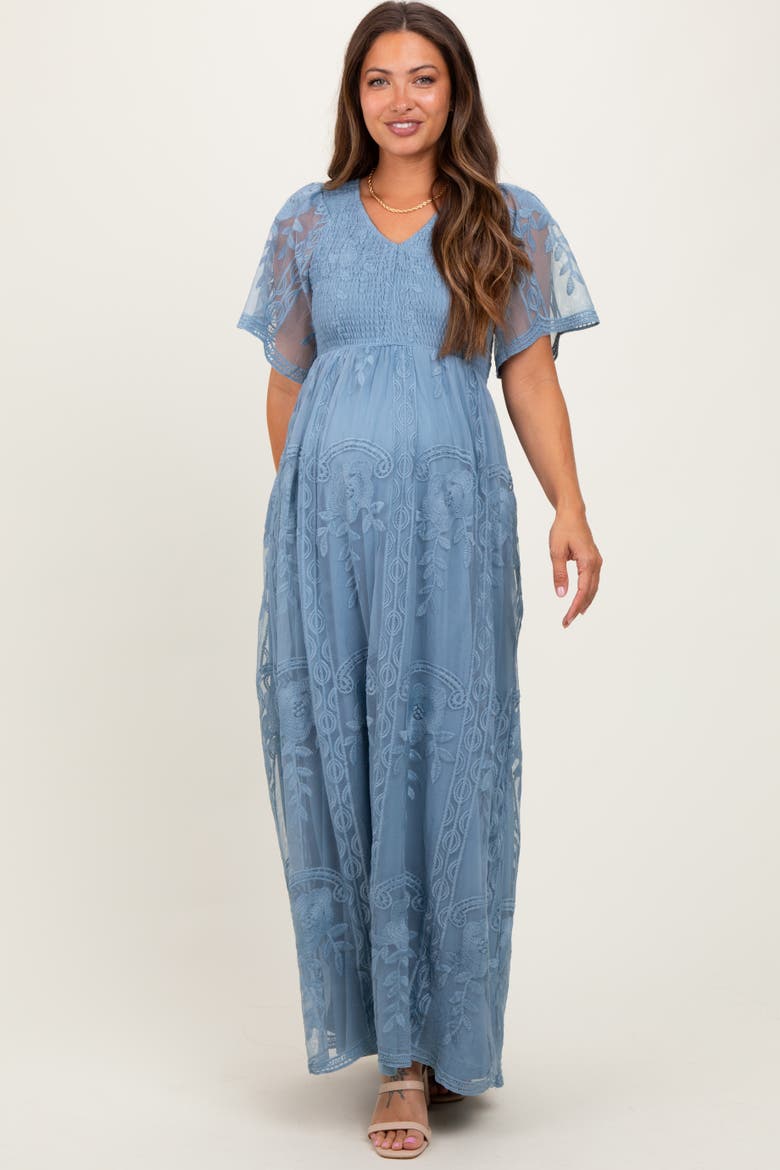 Smocked Top Lace Maxi Dress, Alternate, color, Blue