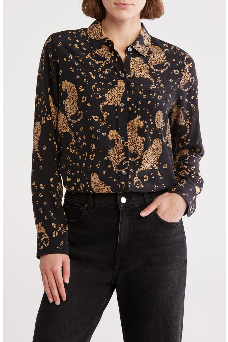 Kate Leopard Silk Button-Up Shirt, Main, color, NOIR LEOPARD