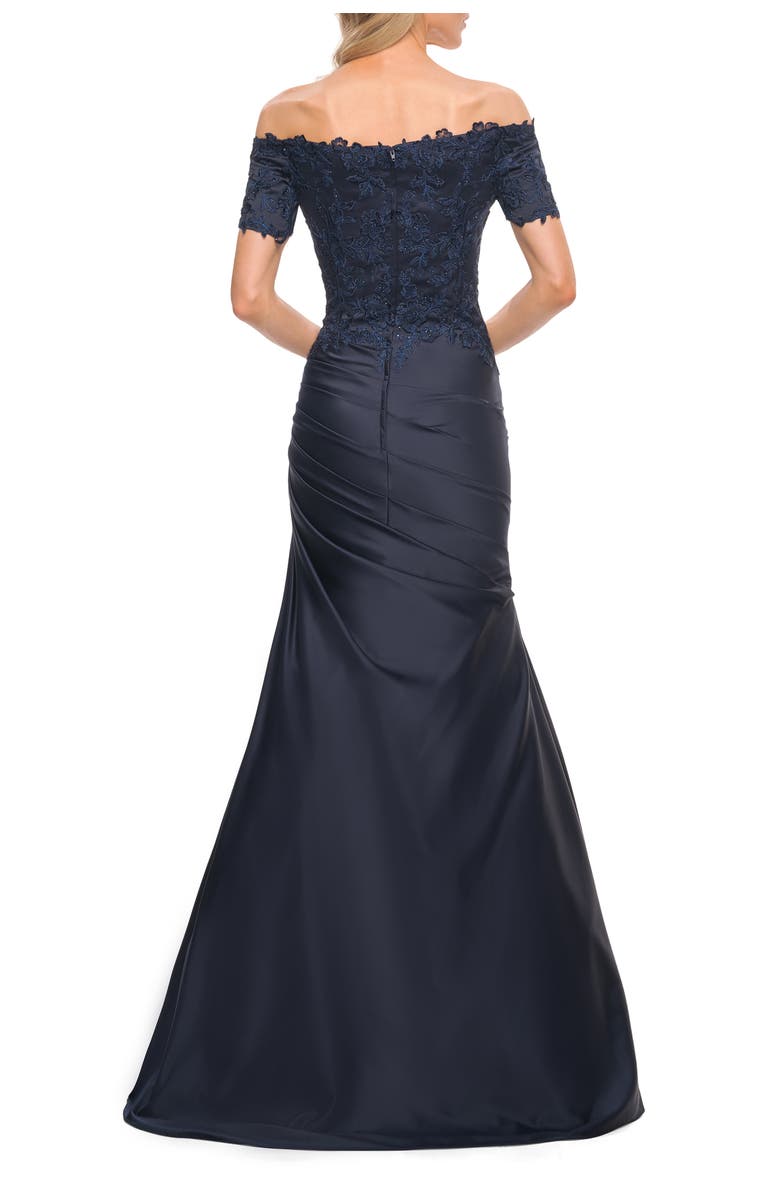 La Femme Off the Shoulder Satin and Lace Mermaid Pleated Gown, Alternate, color, Navy