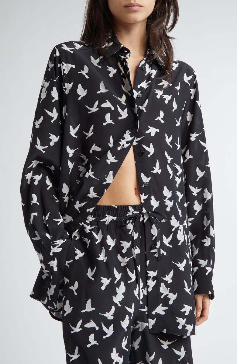 Stella McCartney Mini Birds Silk Button-Up Shirt, Alternate, color, Black