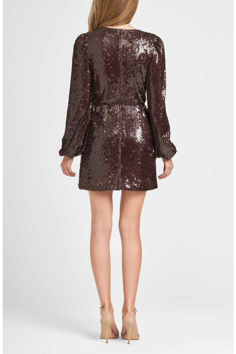 Flash Sequin Long Sleeve Faux Wrap Minidress, Alternate, color, DK CHOCOLATE