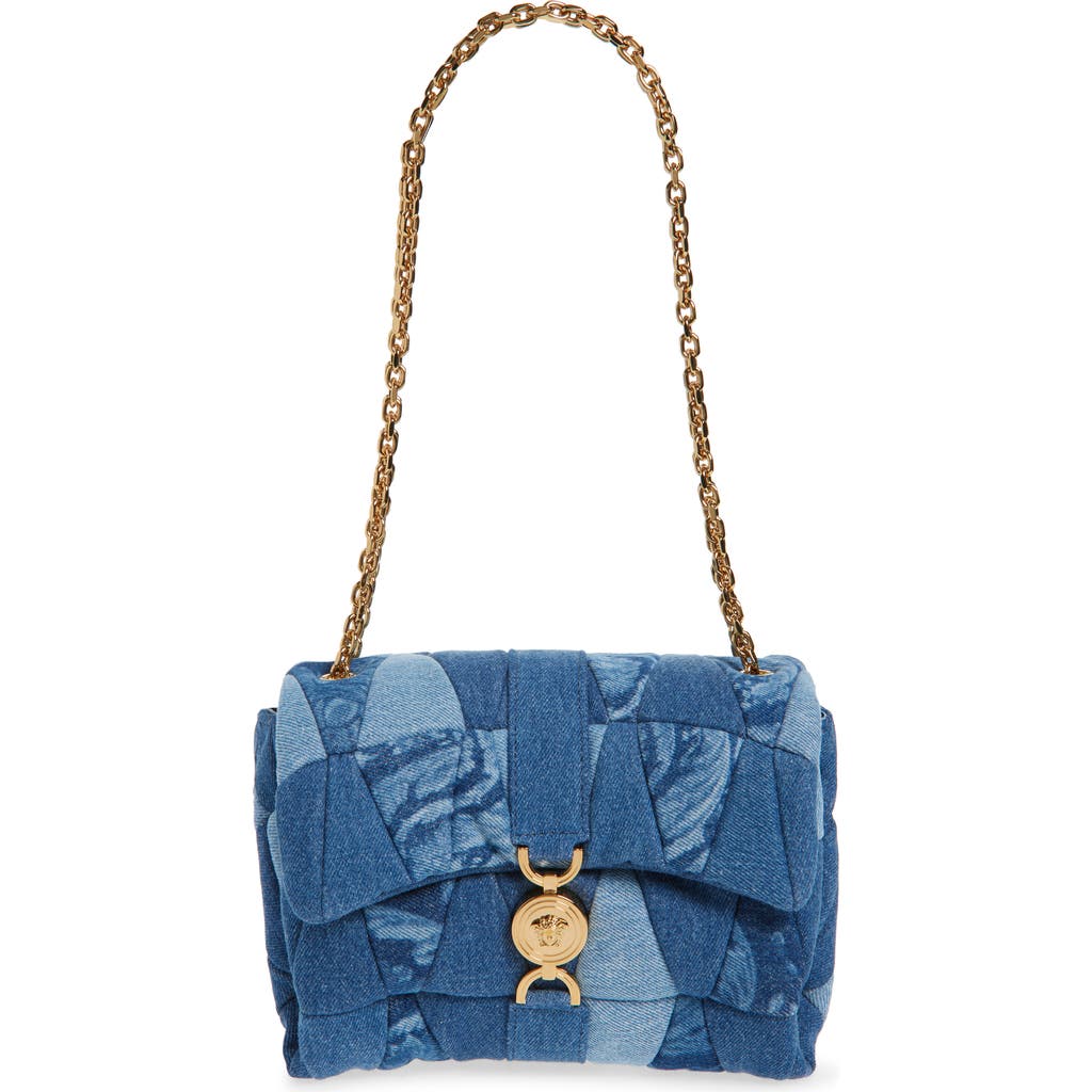 Versace Medusa 95 Quilted Patchwork Denim Shoulder Bag In Blue Gold