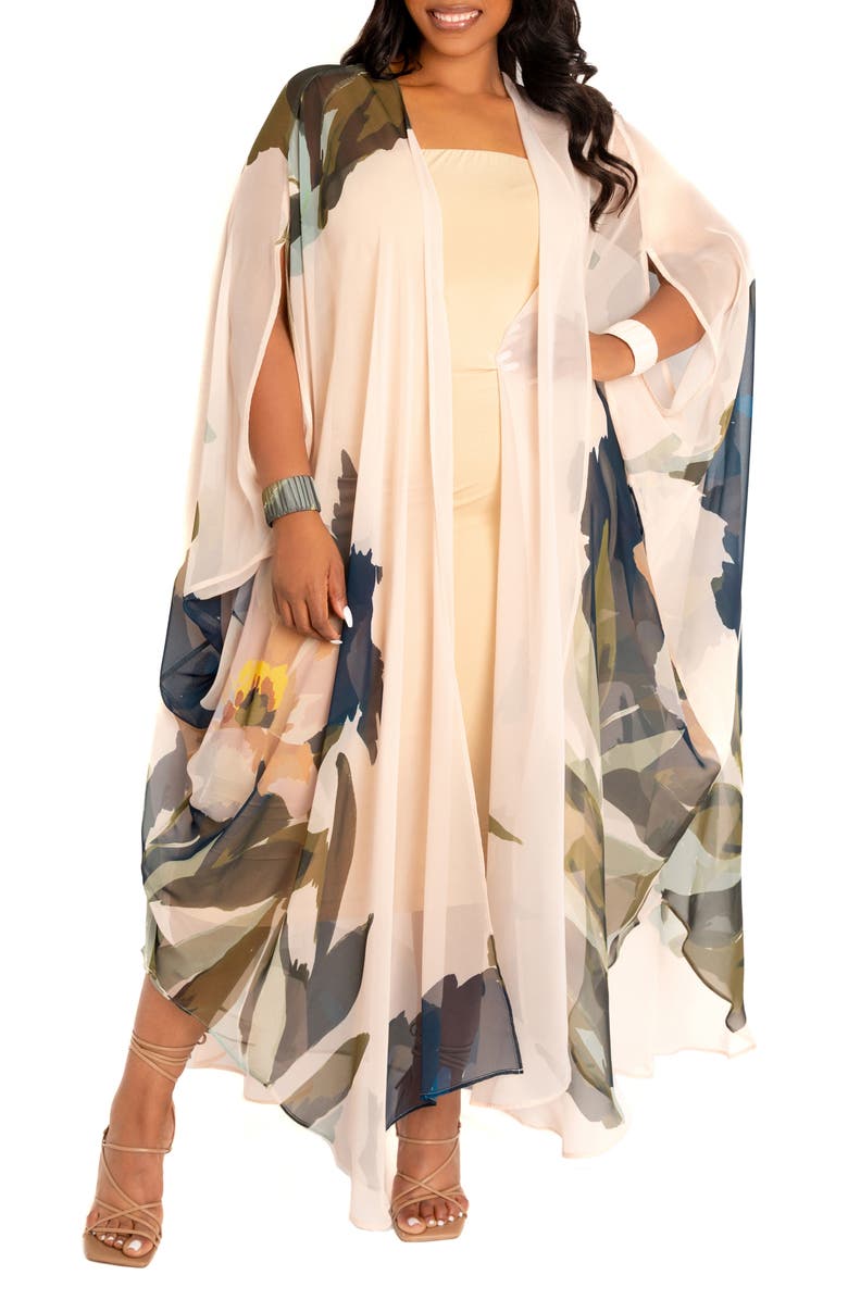 BUXOM COUTURE Floral Robe with Wristband, Alternate, color, Beige Multi
