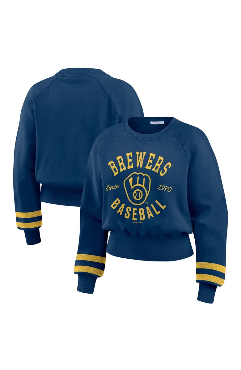 WEAR by Erin Andrews Women's WEAR by Erin Andrews Navy Milwaukee Brewers Vintage Washed Cropped Pullover Sweatshirt, Alternate, color, Navy