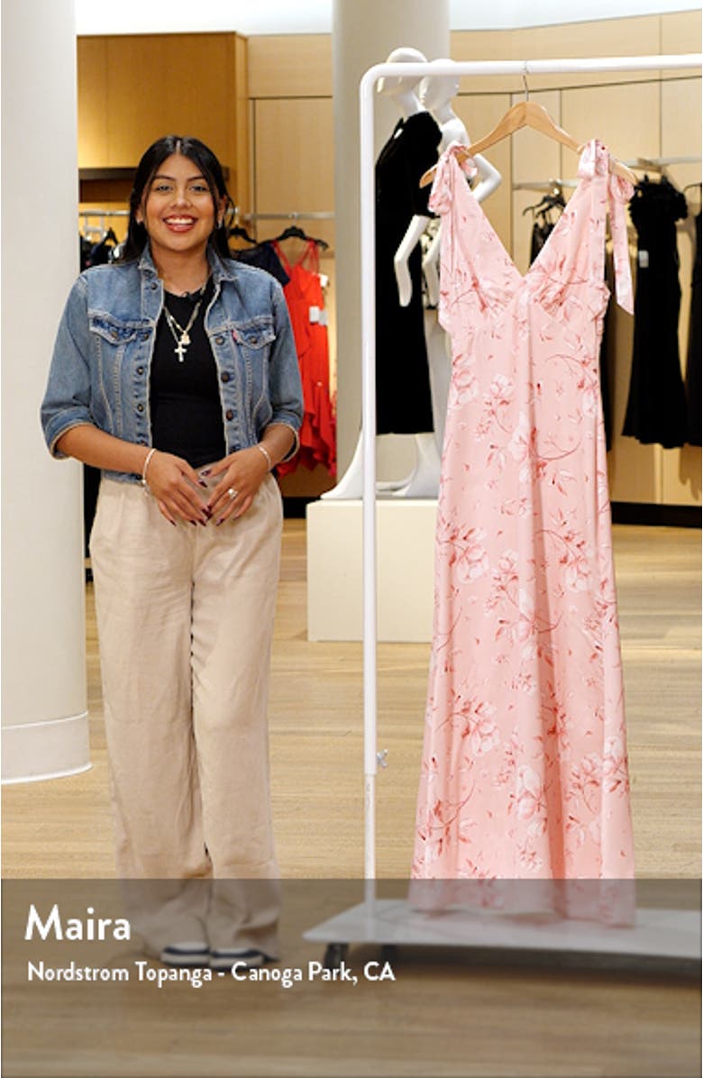 Xavier Floral Bow Strap Satin Gown, sales video thumbnail