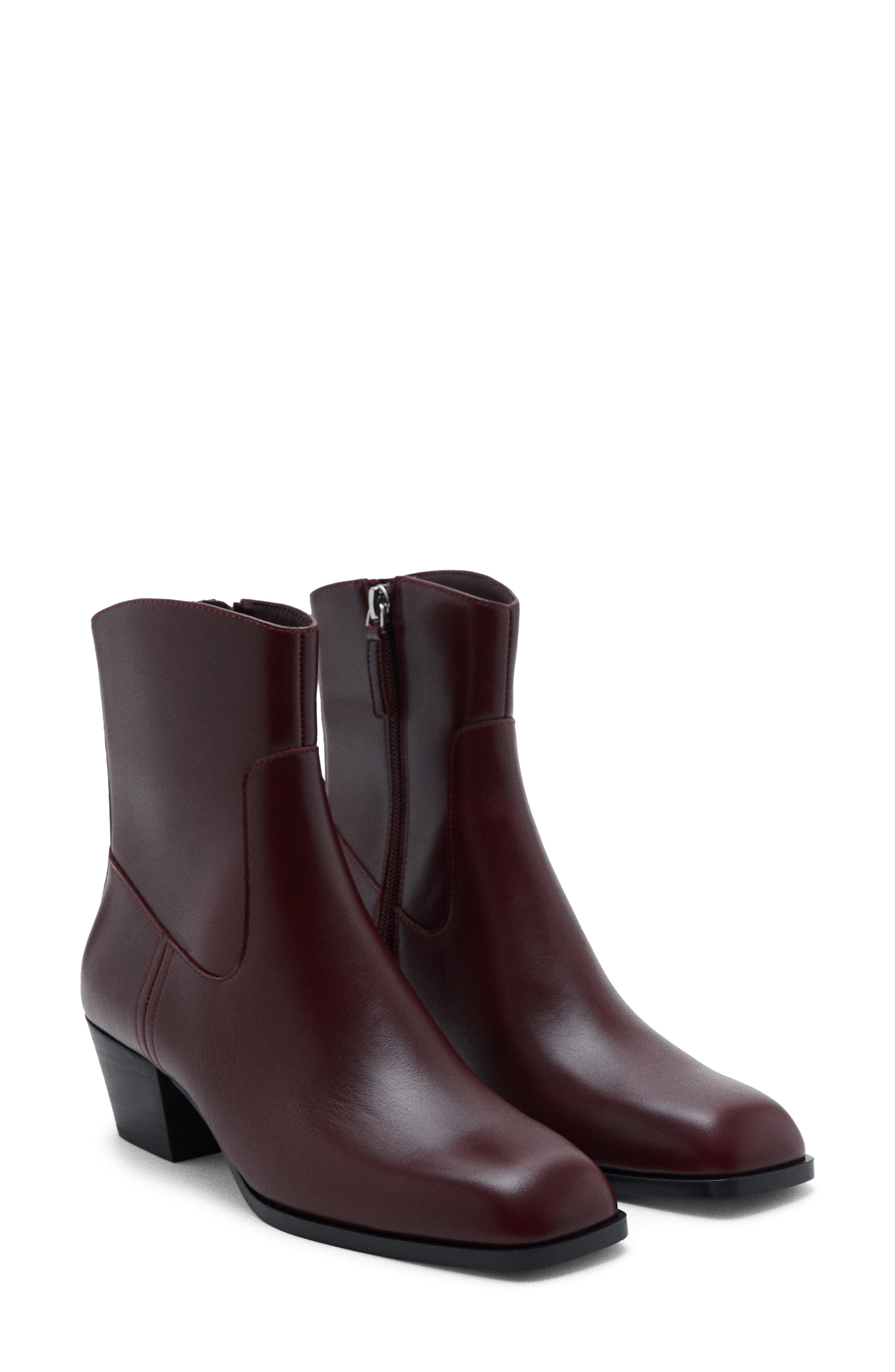 MANGO Square Toe Ankle Bootie, Main, color, Burgundy