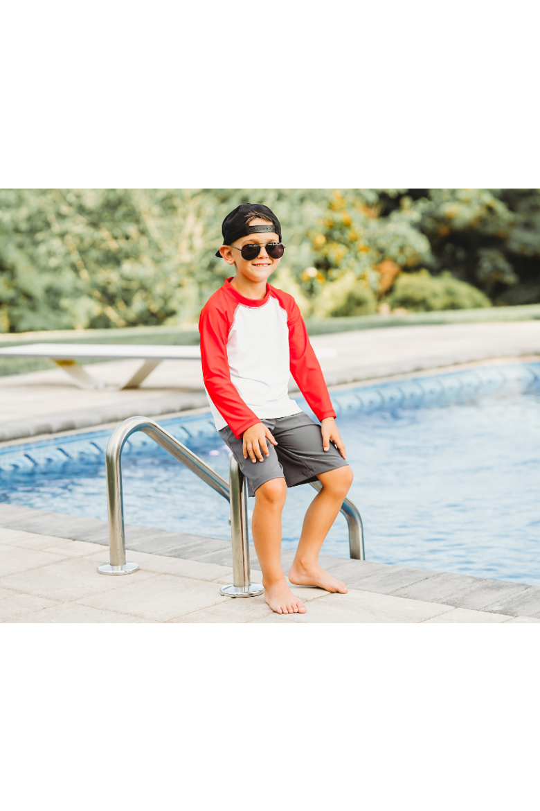 Boys Soft Stretch UPF 50+ Recycled Polyester Below-the-Knee Printed Swim Board Shorts, Alternate, color, Charcoal