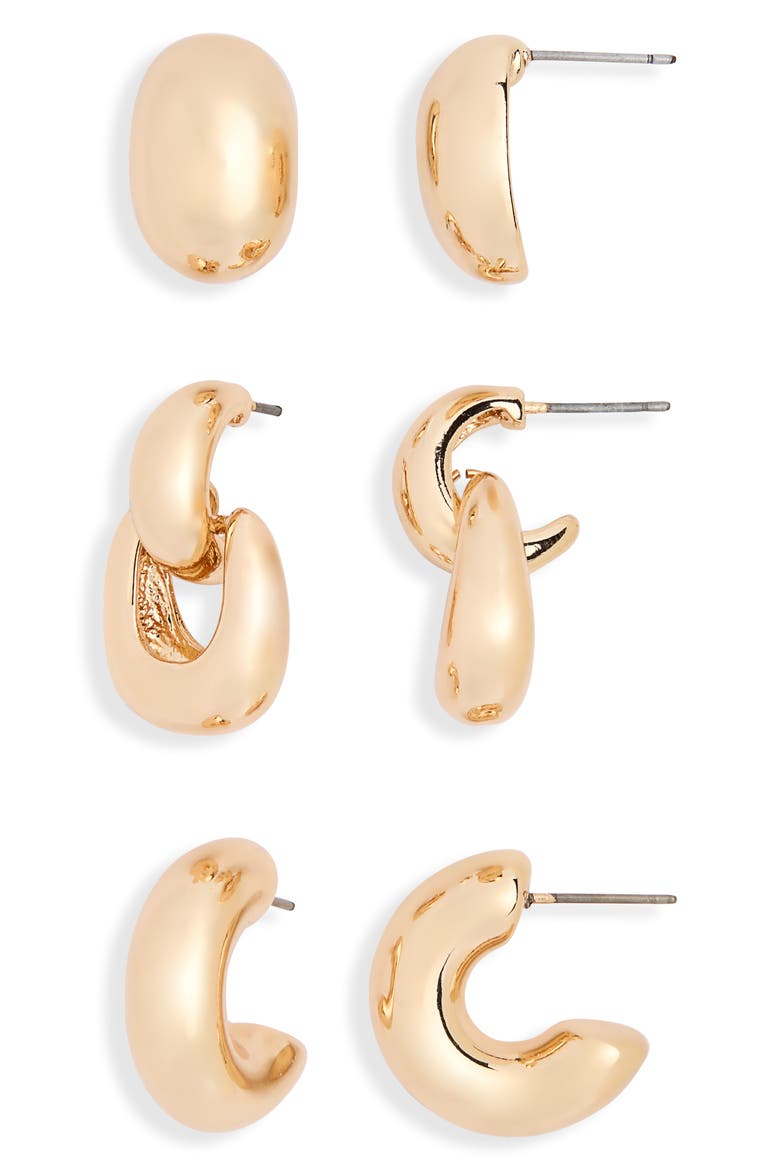 Set of 3 Stud & Hoop Earrings, Main, color, GOLD