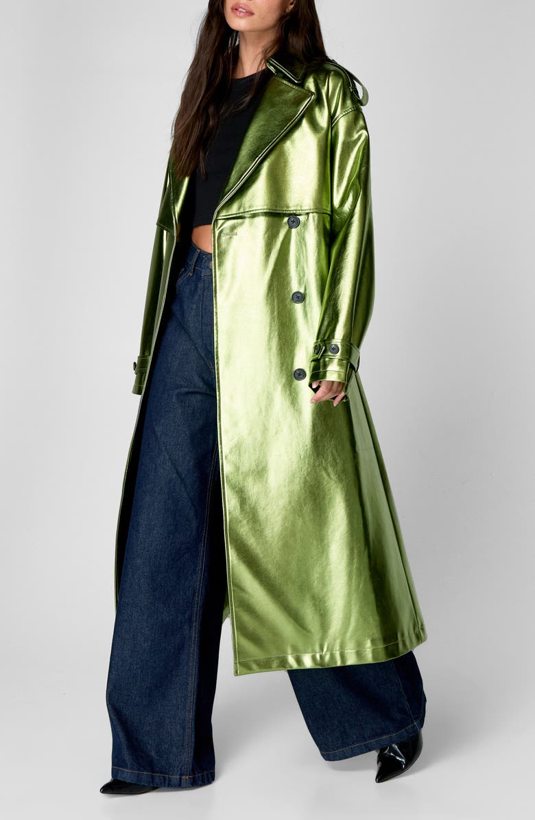 NASTY GAL Metallic Belted Double Breasted Faux Leather Trench Coat, Alternate, color, 