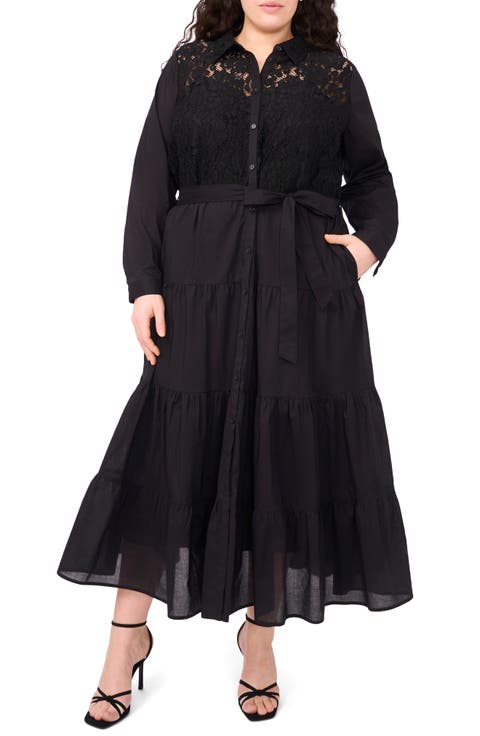 Lace Bodice Long Sleeve Tiered Midi Shirtdress (Plus)