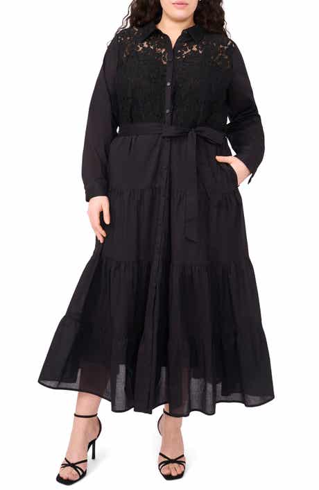 Halogen® Lace Bodice Long Sleeve Tiered Midi Shirtdress
