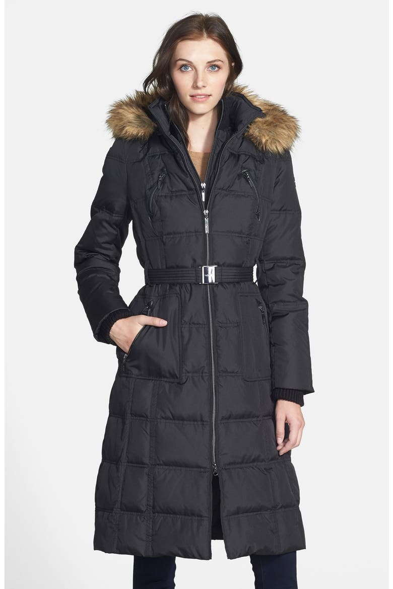 Belted Down & Feather Fill Maxi Coat, Main, color, BLACK